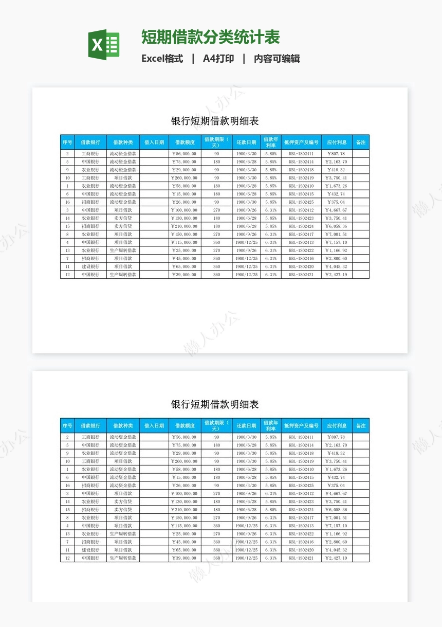 短期借款分类统计表