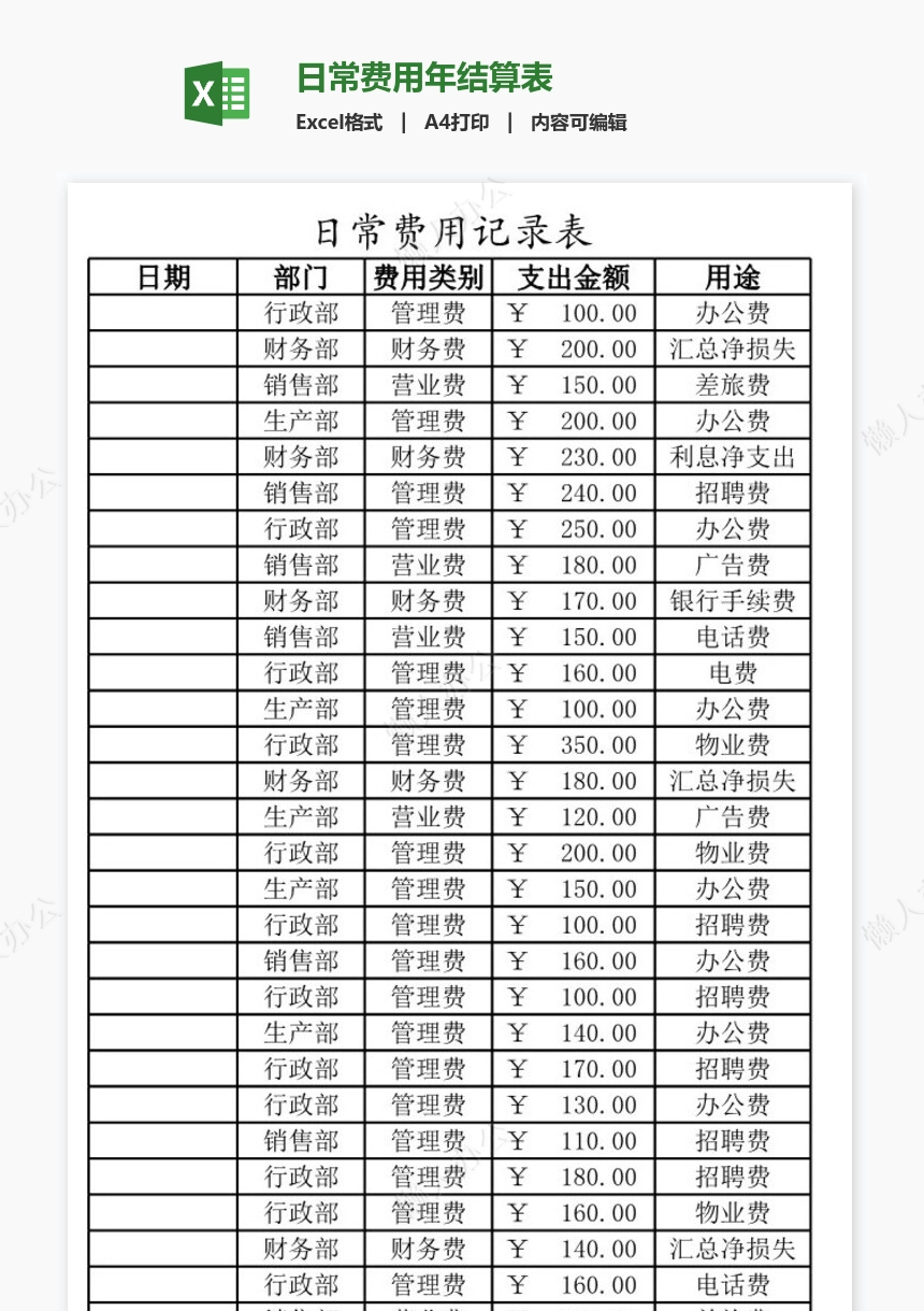 日常费用年结算表