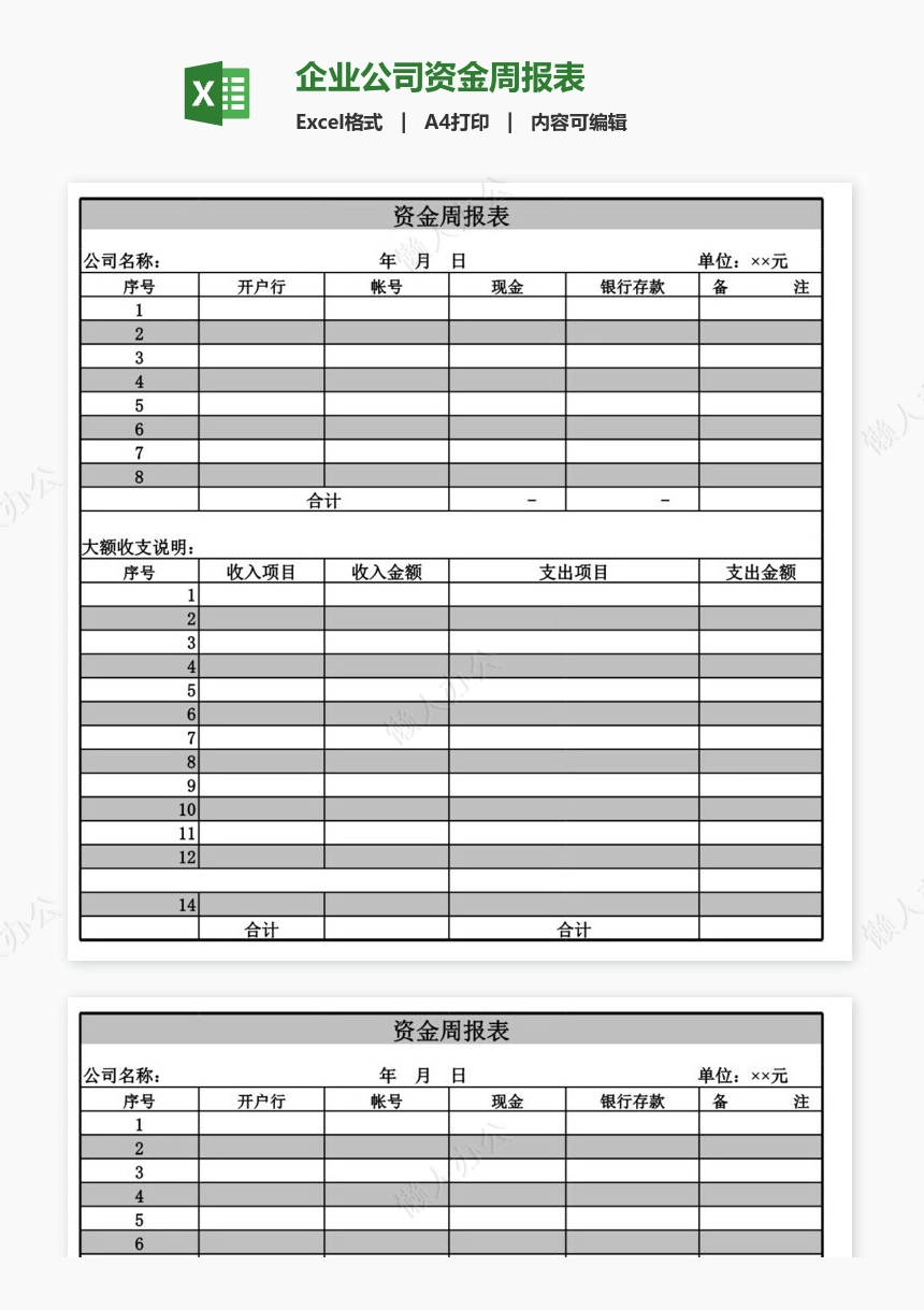 企业公司资金周报表