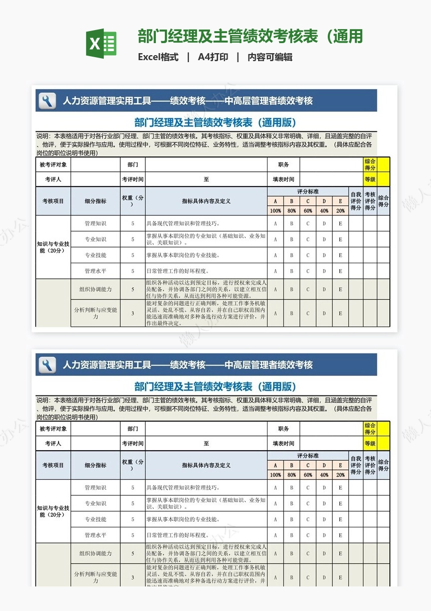 部门经理及主管绩效考核表（通用）