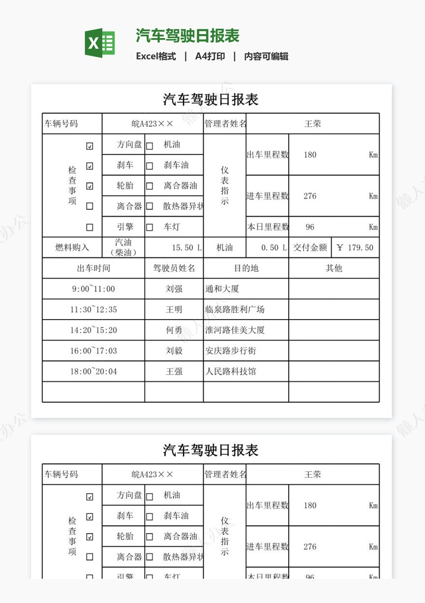 汽车驾驶日报表