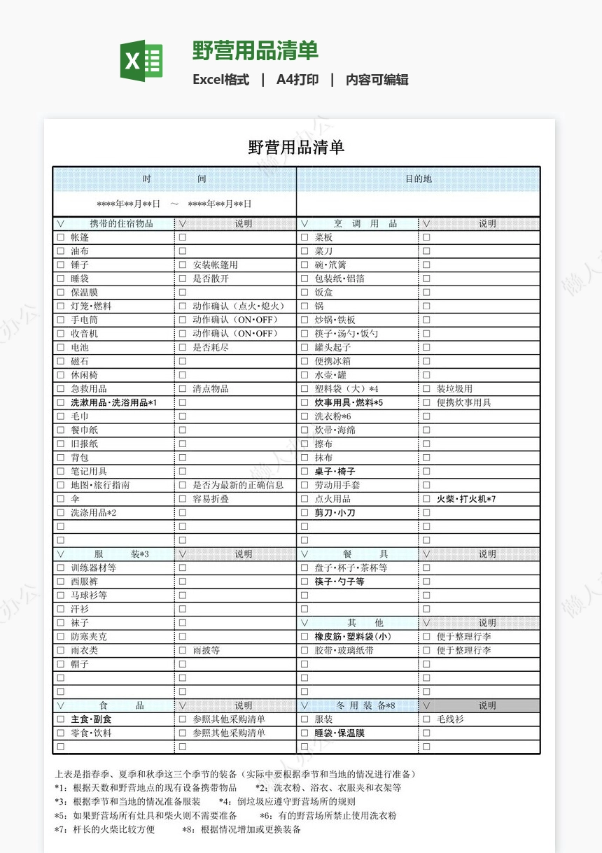 野营用品清单