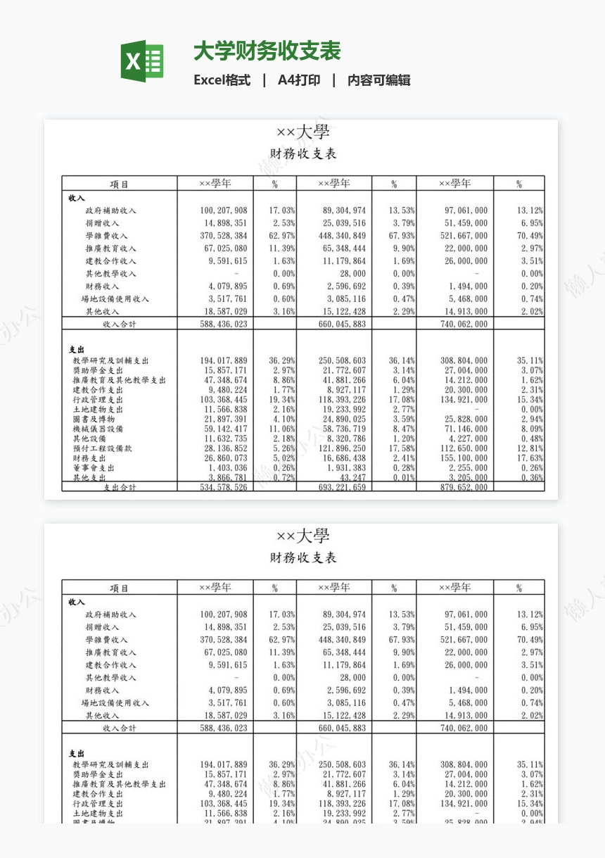 大学财务收支表