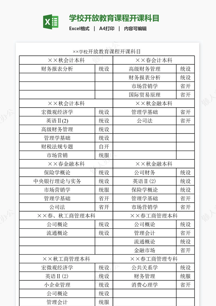 学校开放教育课程开课科目