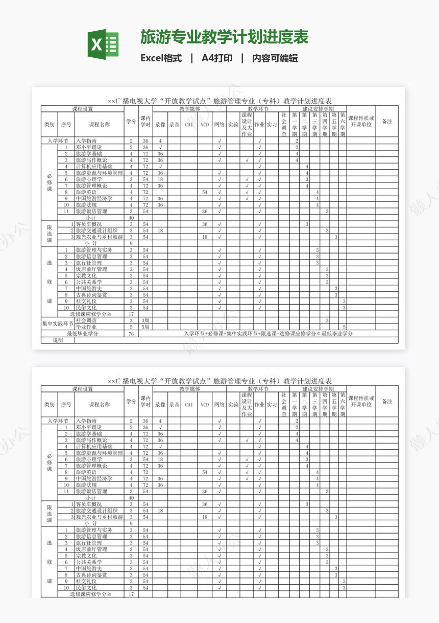 旅游专业教学计划进度表
