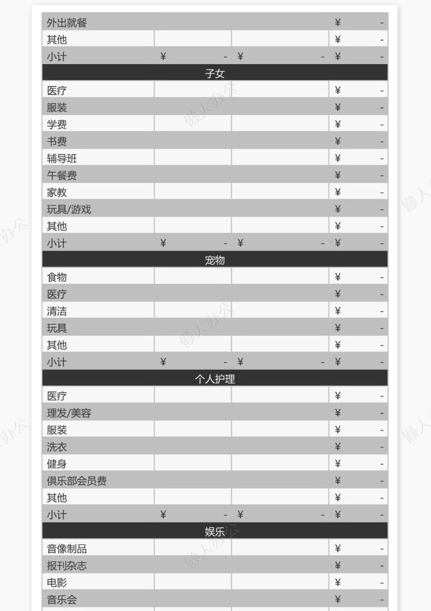 家庭月度预算