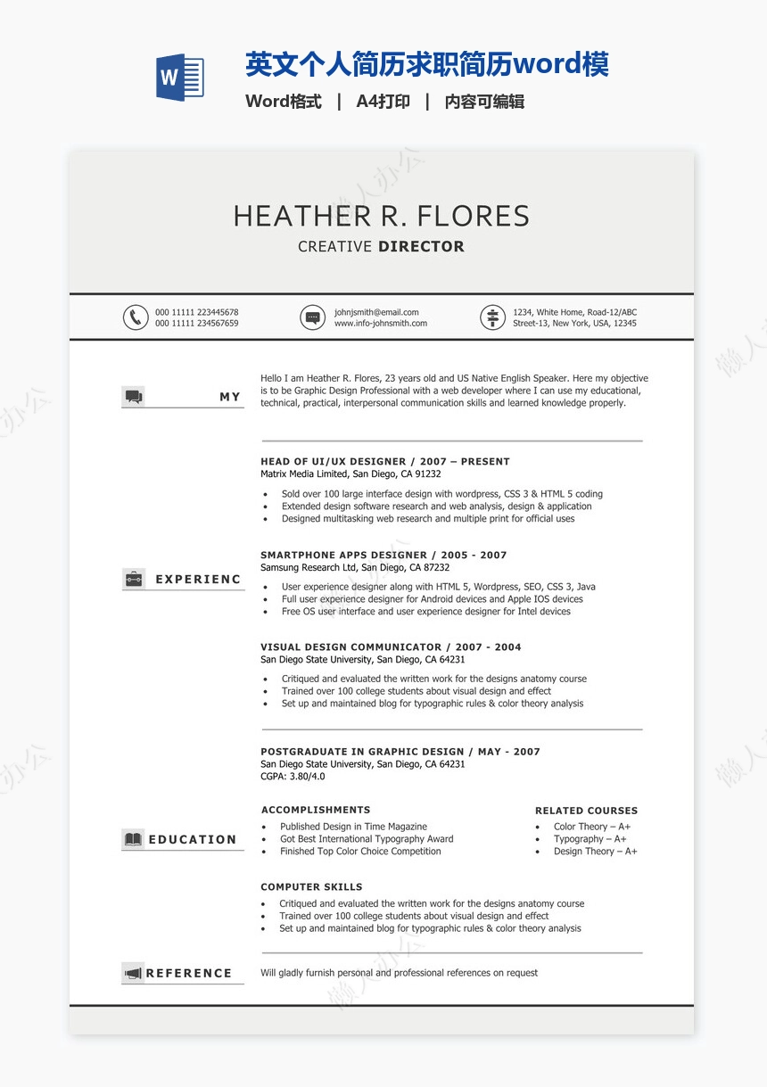 英文个人简历求职简历word模板共2页(12)