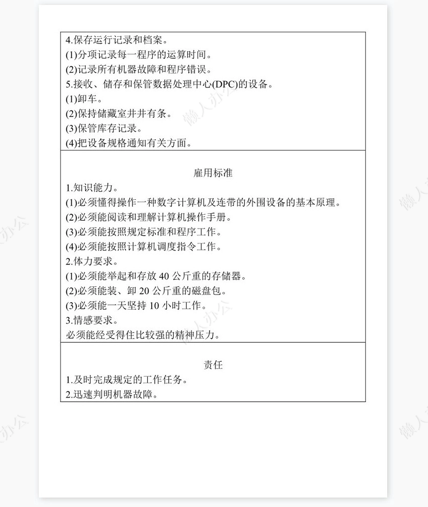 计算机操作员职务说明表