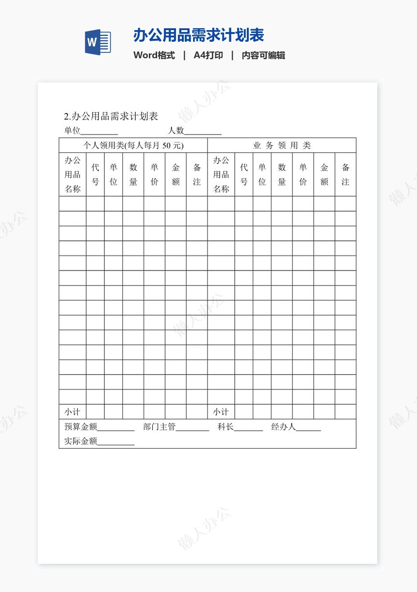 办公用品需求计划表