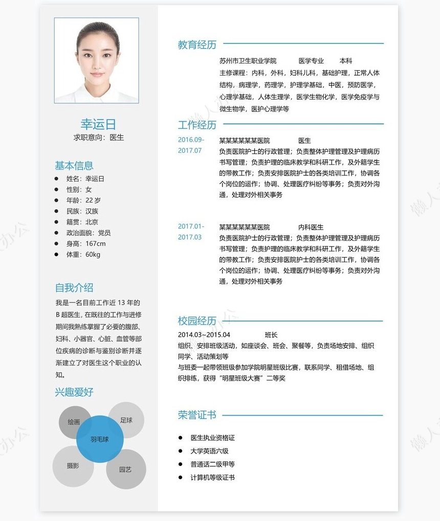 医生类个人简历word模板共4页(13)